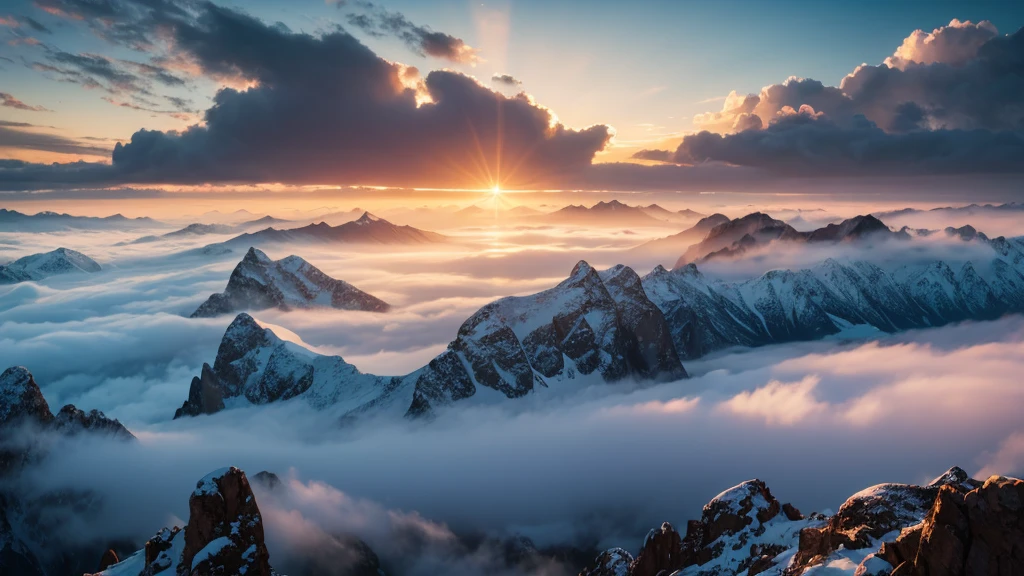 Snow covered mountains, A thick fog rolling in like waves, Beautiful and colorful sunrise, Cinema Lighting, Spectacular landscapes, Dramatic atmosphere, haze, Morning light, Very detailed, Realistic, 8k, masterpiece, Nice views, moody and Atmospheric, Vibrant colors, Natural Beauty, Calm and peaceful, Magnificent and majestic, Picturesque, Nice views, Awe-inspiring, Atmospheric, Dramatic lighting, Vast panorama, Vast and vast々And, Epic scale, Ultra-realistic, Wide-angle, Structure of the film, Realistic Textures, Intricate details, Beautiful sky, Shining Sun, Mysterious feeling