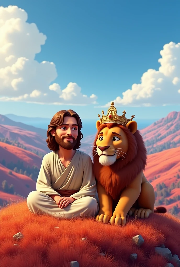 Jesus sitting with a lion wearing crowns on a reddish mountain grass high quality image and pixar style characters