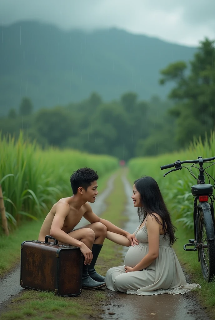 Thai idol girl wears a light dress, pregnant, sitting and crying with a suitcase placed nearby A young farmer wearing muddy black rubber boots He reached out and rubbed his head to comfort him. Atmosphere of a dirt road in the middle of a rice field Wind Strong, the leaves are blowing, the rain is falling softly, there's an old bicycle parked nearby.