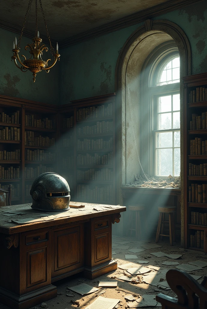 Fallout 4, Artstation, derelict library, apocalyptic, eery, study, fallout, Brotherhood of steel power armor helmet on desk, stained wall, detailed, intricate, masterpiece