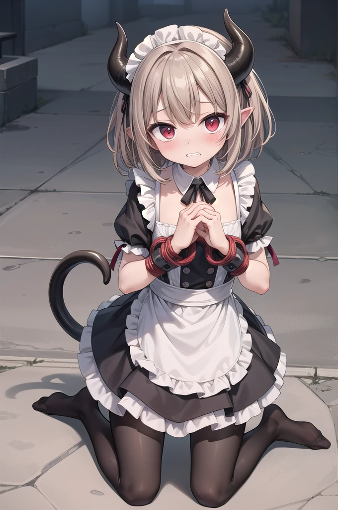 Solo Girl, 12-year-old(children), Medium Hair, Light brown hair, Mid-chest, highest quality, High resolution, Very detailed, Detailed Background, Perfect lighting、Extreme maid outfit、very cute, Red eyes, small horns, Blush, Black pantyhose, A tail of a succubus, No shoes on, Bound up, Kneeling on the ground, scared expression, clenched teeth, Bind hands and feet