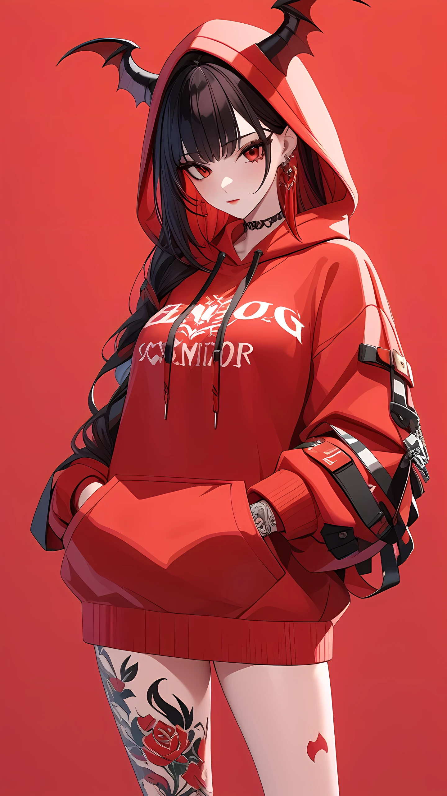 a 3D animated character,1girl, Her decked out in an big red themed ensemble,complete with a hoodie adorned, Her laid-back demeanor contrasts with the vibrant,demon accessories, ((on an red background)), array of tattoos, masterpiece,best quality,