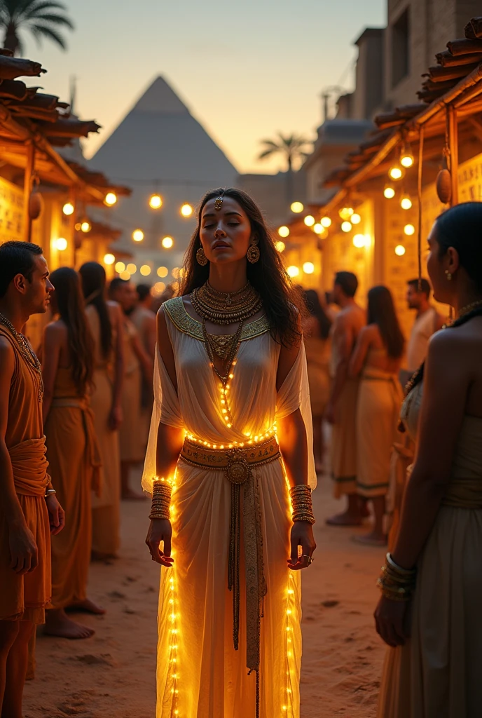 Ancient Egyptian woman glowing with eyes close while everyone else is looking at her