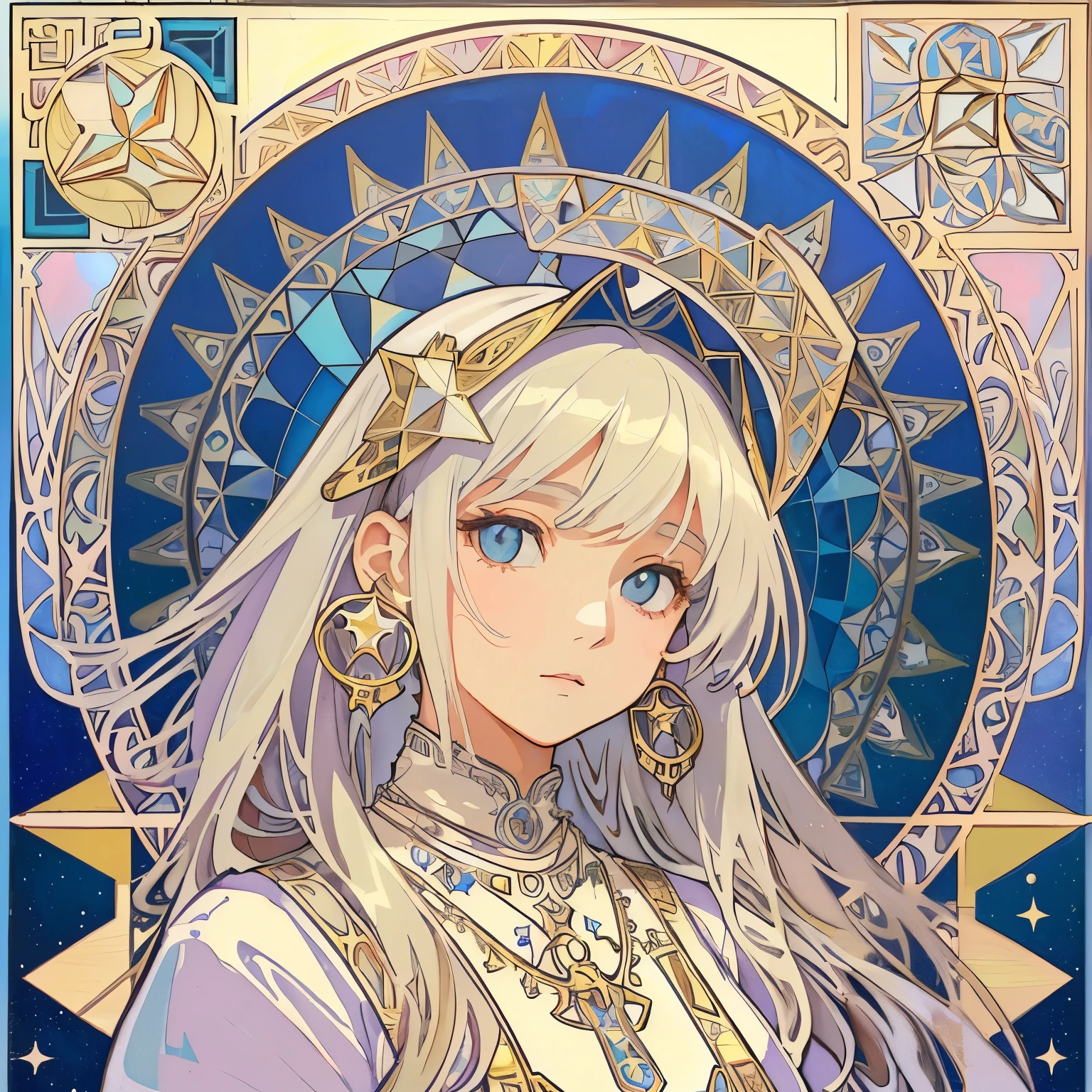 1 girl, (masterpiece, highest quality, highest quality, beautiful and aesthetic: 1.2), (1 girl: 1.3), lots jewelry, delicate clothing, square picture frame, ((face)), sharp pupils, cool face, (Alphonse Mucha's), Traditional Arab dress, color hairstyle, Ultra-detailed, Soft Light, Gentle colors, solo, dynamic, (((geometric star patterns in the background)))