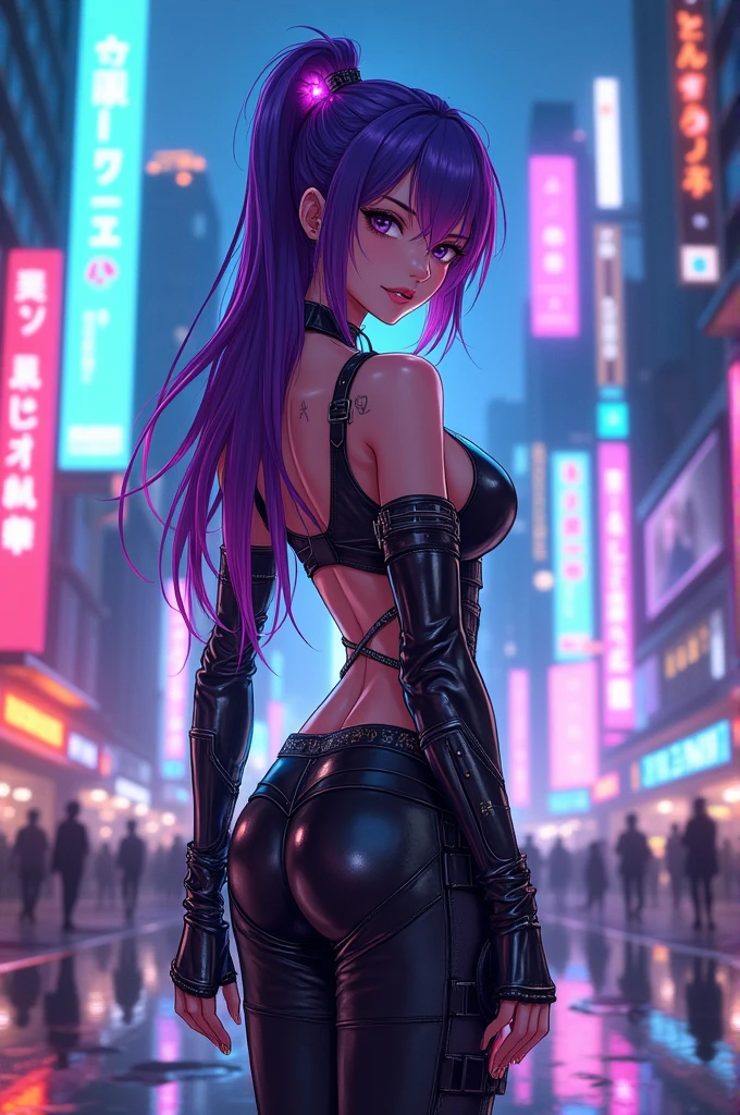Female Anime character with big boobs cyberpunk lights with blue and pink