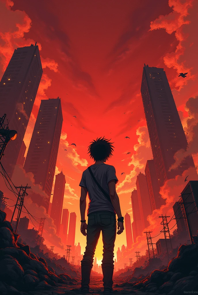 anime style, post-apocalyptic world, collapsed and burning buildings