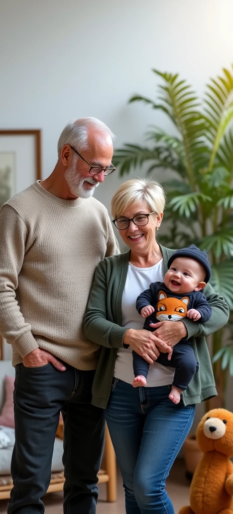 Grandparents holding a 7 month old baby. Grandpa is tall, he has very bald thin blond hair and is wearing light framed glasses. He is smiling slightly. He is wearing a light brown jumper with a white t-shirt underneath and he is wearing black jeans. Grandma old and she is much smaller than Grandpa. She is holding the baby on her arm. She has short dark blond hair. She is wearing light framed glasses. She is wearing a dark green sports jacket and dark blue jeans. She has a very happy and expressive smile. The baby is 7 months old. He is wearing a black hat and a long baby onesie with a fox design on the chest. The baby has dark blond hair and dark blue eyes and a beautiful smile. Character should be colorful and have a fun, friendly look, with exaggerated, expressive features. Pixar style