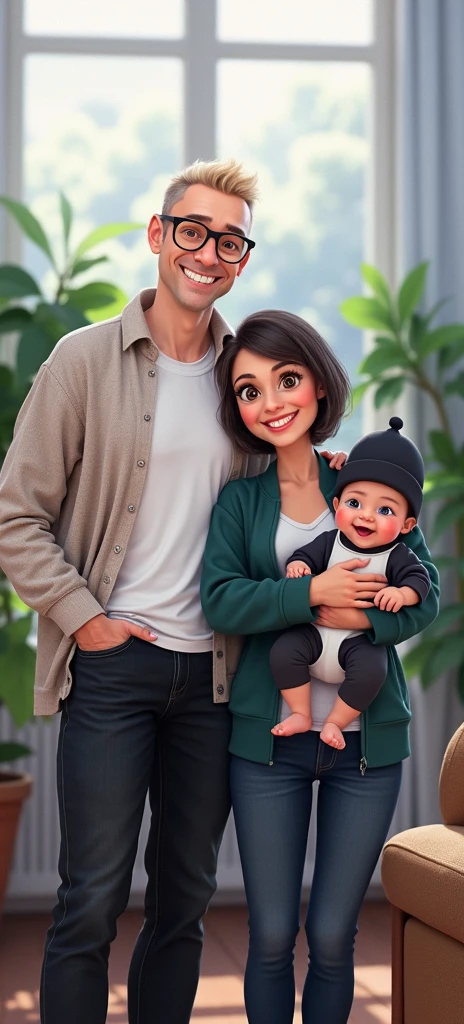 Grandparents holding a 7 month old baby. Grandpa is tall, he has very bald thin blond hair and is wearing light framed glasses. He is smiling slightly. He is wearing a light brown jumper with a white t-shirt underneath and he is wearing black jeans. Grandma old and she is much smaller than Grandpa. She is holding the baby on her arm. She has short dark blond hair. She is wearing light framed glasses. She is wearing a dark green sports jacket and dark blue jeans. She has a very happy and expressive smile. The baby is 7 months old. He is wearing a black hat and a long baby onesie with a fox design on the . The baby has dark blond hair and dark blue eyes and a beautiful smile. Character should be colorful and have a fun, friendly look, with exaggerated, expressive features. Pixar style