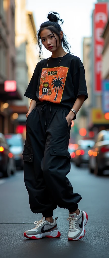 1 asian female, 90s streetstyle hiphop fashion, baggy thick edgy loose clothing, Melbourne shuffle shuffling footwork, medium shot, 1990s, photorealistic, (best quality,4k,8k,highres,masterpiece:1.2),ultra-detailed,(realistic,photorealistic,photo-realistic:1.37),HDR,UHD,studio lighting,ultra-fine painting,sharp focus,physically-based rendering,extreme detail description,professional,vivid colors,bokeh,studio shot,dramatic lighting