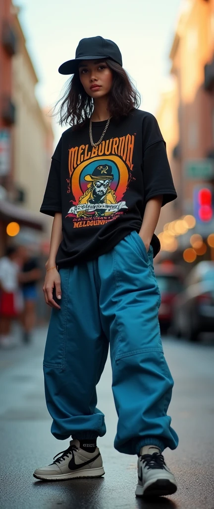 1 asian female, 90s streetstyle hiphop fashion, baggy thick edgy loose clothing, Melbourne shuffle shuffling footwork, medium shot, 1990s, photorealistic, (best quality,4k,8k,highres,masterpiece:1.2),ultra-detailed,(realistic,photorealistic,photo-realistic:1.37),HDR,UHD,studio lighting,ultra-fine painting,sharp focus,physically-based rendering,extreme detail description,professional,vivid colors,bokeh,studio shot,dramatic lighting