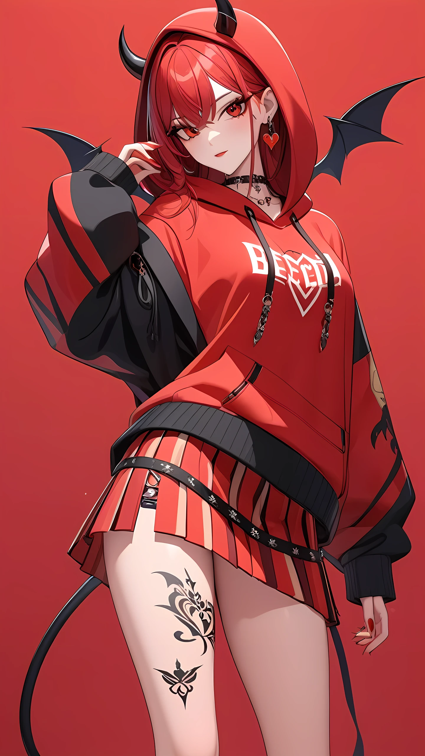 a 3D animated character,1girl, Her decked out in an big red themed ensemble,complete with a hoodie adorned, Her laid-back demeanor contrasts with the vibrant,demon accessories, ((on an red background)), array of tattoos, masterpiece,best quality,