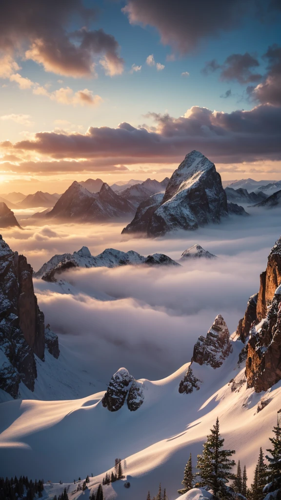 Snow covered mountains, A thick fog rolling in like waves, Beautiful and colorful sunrise, Cinema Lighting, Spectacular landscapes, Dramatic atmosphere, haze, Morning light, Very detailed, Realistic, 8k, masterpiece, Nice views, moody and Atmospheric, Vibrant colors, Natural Beauty, Calm and peaceful, Magnificent and majestic, Picturesque, Nice views, Awe-inspiring, Atmospheric, Dramatic lighting, Vast panorama, Vast and vast々And, Epic scale, Ultra-realistic, Wide-angle, Structure of the film, Realistic Textures, Intricate details, Beautiful sky, Shining Sun, Mysterious feeling
