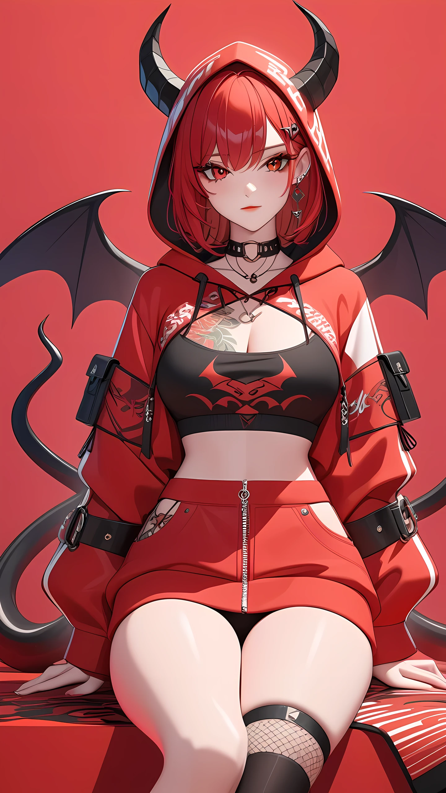 a 3D animated character,1girl, Her decked out in an big red themed ensemble,complete with a hoodie adorned, Her laid-back demeanor contrasts with the vibrant,demon accessories, ((on an red background)), array of tattoos, masterpiece,best quality,