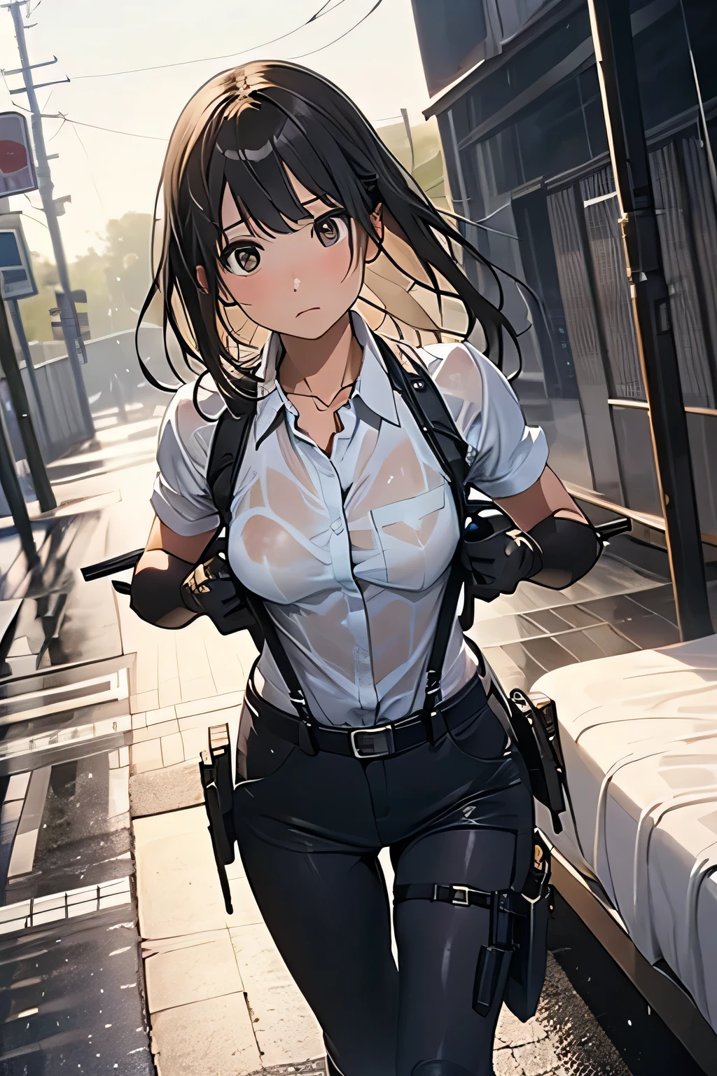 1 female, , high quality, masterpiece, Ultra-high resolution, , Cinema Lighting, , , And the suspenders with the cranes flying　　　Large Breasts　 　 　　　　Small face　 　　　holster　　　　　　　 Lying in bed　Looking up　　　　Sweat 　　　belt　summer　脇Sweat 　Black Hole Gloves　suit　shirt　　Black jacket　 Black trousers　Leg Links　ズボンにbelt　　holster　 　　Hands behind your back　 Anxious expression　Looking up　Anxious face, legs apart　Armament　　Cable ties　レッグholster　holster　See-through clothing　heavy rain　Getting wet in the rain