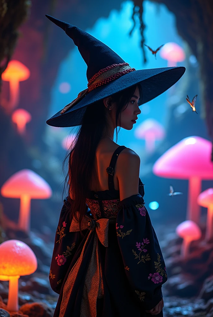 A Japanese witch with a pointy witch hat and a witch dress mixed with a kimono, she is in a cave with mushrooms with neon lights while little fairies are flying around the cave. 真实感. High definition.