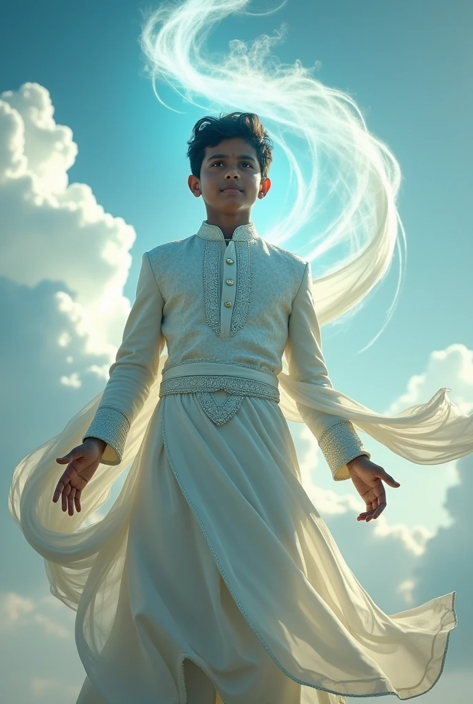 "Create an image of an Indian superhero boy with the power of air. The superhero should have an ethereal and majestic appearance, with elements that suggest their control over the wind and sky. They could be dressed in traditional Indian attire, modified with a futuristic twist to reflect their powers. Flowing fabrics that move as if caught in a gentle breeze would emphasize their connection to the air. Their eyes might glow with a soft, sky-blue light, and their hands could be surrounded by swirling gusts of wind. The background should feature a dynamic sky, with clouds parting or swirling around them, highlighting their control over the elements."