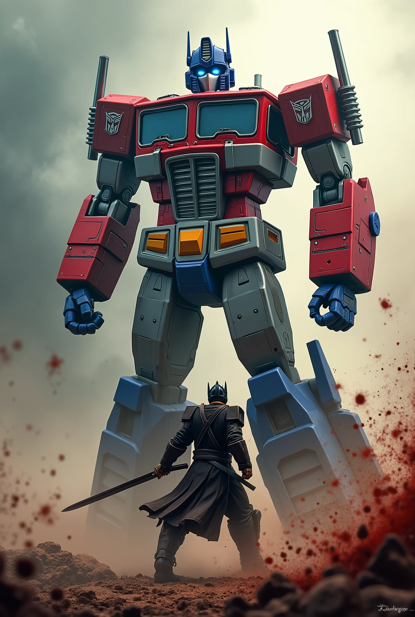 Optimus Prime, Tanjiro Kamado, Optimus Prime vs Tanjiro Kamado, Tanjiro Kamado full body, Tanjiro Kamado holding sword, detailed blood, ultra detailed, cinematic lighting, dynamic action pose, hyper realistic, 8k, photorealistic, unreal engine, highly detailed facial features, ultra high quality, dramatic lighting, volumetric fog, dynamic motion blur, vibrant colors, striking contrast, epic scale,