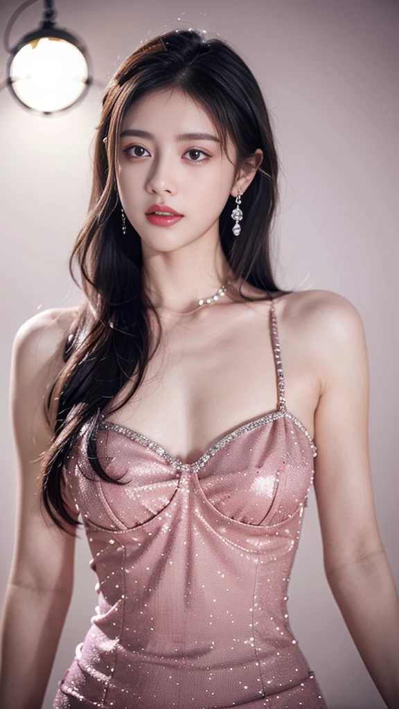 whole body, fit screen, Top CG, Best image quality, masterpiece, Gentle and beautiful, (fit), Imperial sister, Queen temperament, White skin, Perfect Face, Bright Eyes, Seductive pose, Red lips, Beautiful and cold (A major breakthrough)), Beautiful and heroic, Soft and long hair, Sparkling, race, Net, Visible through transparent skin, Diamond Earrings, whole body, ruby neckrace, Clear Background, (Purple evening dress), 8K quality, (Realistic portraits), Text fills the screen, (Facial Lighting), ((eternal),High resolution, Anatomically correct, High detail, Ray Tracing,dance,dance,