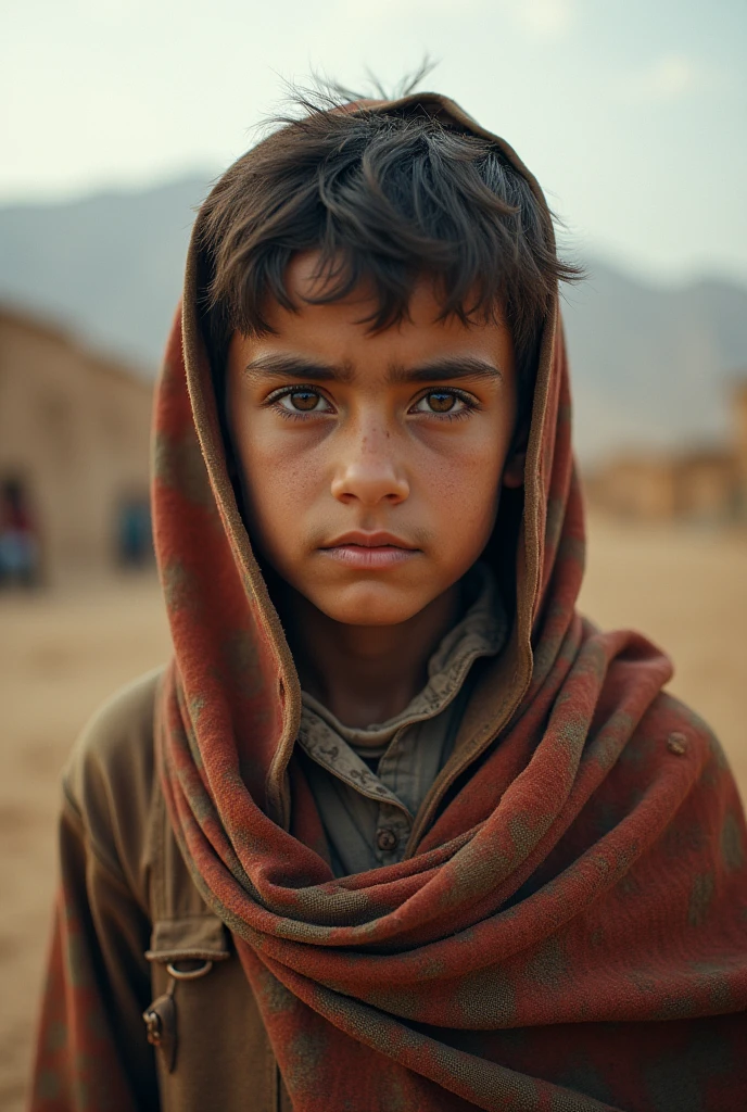 (photorealism:1.2), cậu bé người hazara (afghanistan), 10 tuổi, dirty skin, Asian eyes, monolid eyes và màu nâu sáng, vẻ mặt ảm đạm, mặc trang phục truyền thống của afghanistan, crew cut hair