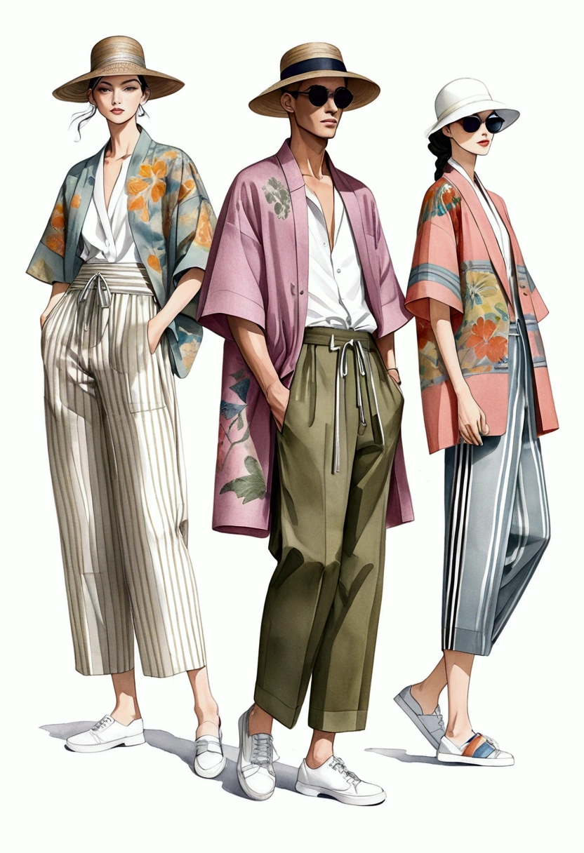 candid fashion illustration a group of 2man and 1girl, aged 35-40 year old, tall and slender, Mixed race super model, ((showcase in fashionable linen outfits inspired by designer Dries Van Noten)), in elegant and Fashionable style of ((hand-woven fabric, ethnic style)). mixed of Earth tone or pink pastel color. The 1st man wears a shirt with ethnic striped details, paired with slim-fit Pants. The second man complements him in a short-sleeved bowling shirt and oversized Yukata Jacket with collage fabric details, paired with big stripe Drawstring pants. The woman wears a Ankle-length pants linen woven fabric. (all completes the look with white sneakers, hat, (Round sunglasses, braid hair). Captured in a ((full-body image)), relax and simple pose, ((light water-color paint on white paper background)), realistic pencil lines, imperfect drawing, charcoal lines detail, fading sketch, fashion Sketching, low angle view, (full body image),