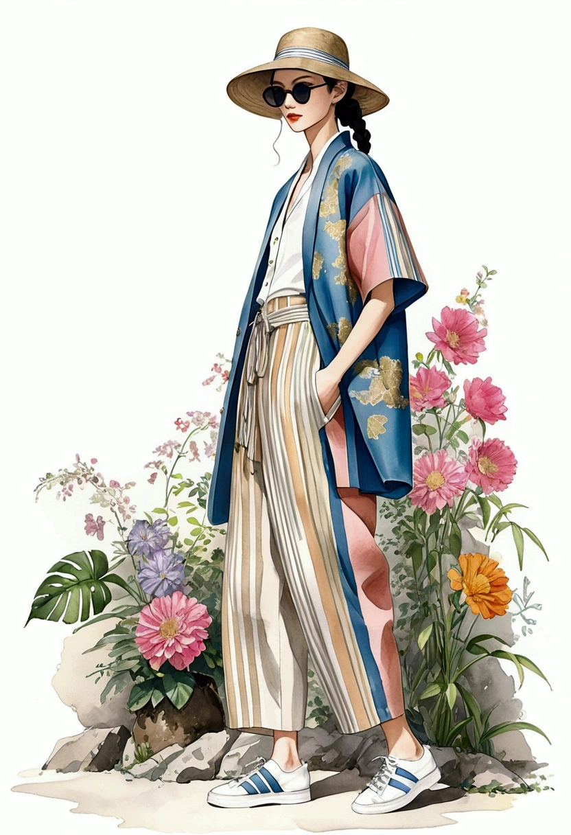 candid fashion illustration a group of 2man and 1girl, aged 35-40 year old, tall and slender, Mixed race super model, ((showcase in fashionable linen outfits inspired by designer Dries Van Noten)), in elegant and Fashionable style of ((hand-woven fabric, ethnic style)). mixed of Earth tone or pink pastel color. The 1st man wears a shirt with ethnic striped details, paired with slim-fit Pants. The second man complements him in a short-sleeved bowling shirt and oversized Yukata Jacket with collage fabric details, paired with big stripe Drawstring pants. The woman wears a Ankle-length pants linen woven fabric. (all completes the look with white sneakers, hat, (Round sunglasses, braid hair). Captured in a ((full-body image)), relax and simple pose, ((light water-color paint on white paper background)), realistic pencil lines, imperfect drawing, charcoal lines detail, fading sketch, fashion Sketching, low angle view, (full body image),