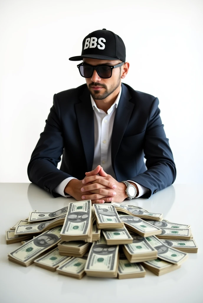 Man sitting at table, wearing a slim sports suit with sunglasses looking forward with fingers intertwined,age between 30 and 35 years,wearing a cap with BBS written on it,on the table a mountain of money, plenty of money,image with completely white background, wearing a cap that says BBS 