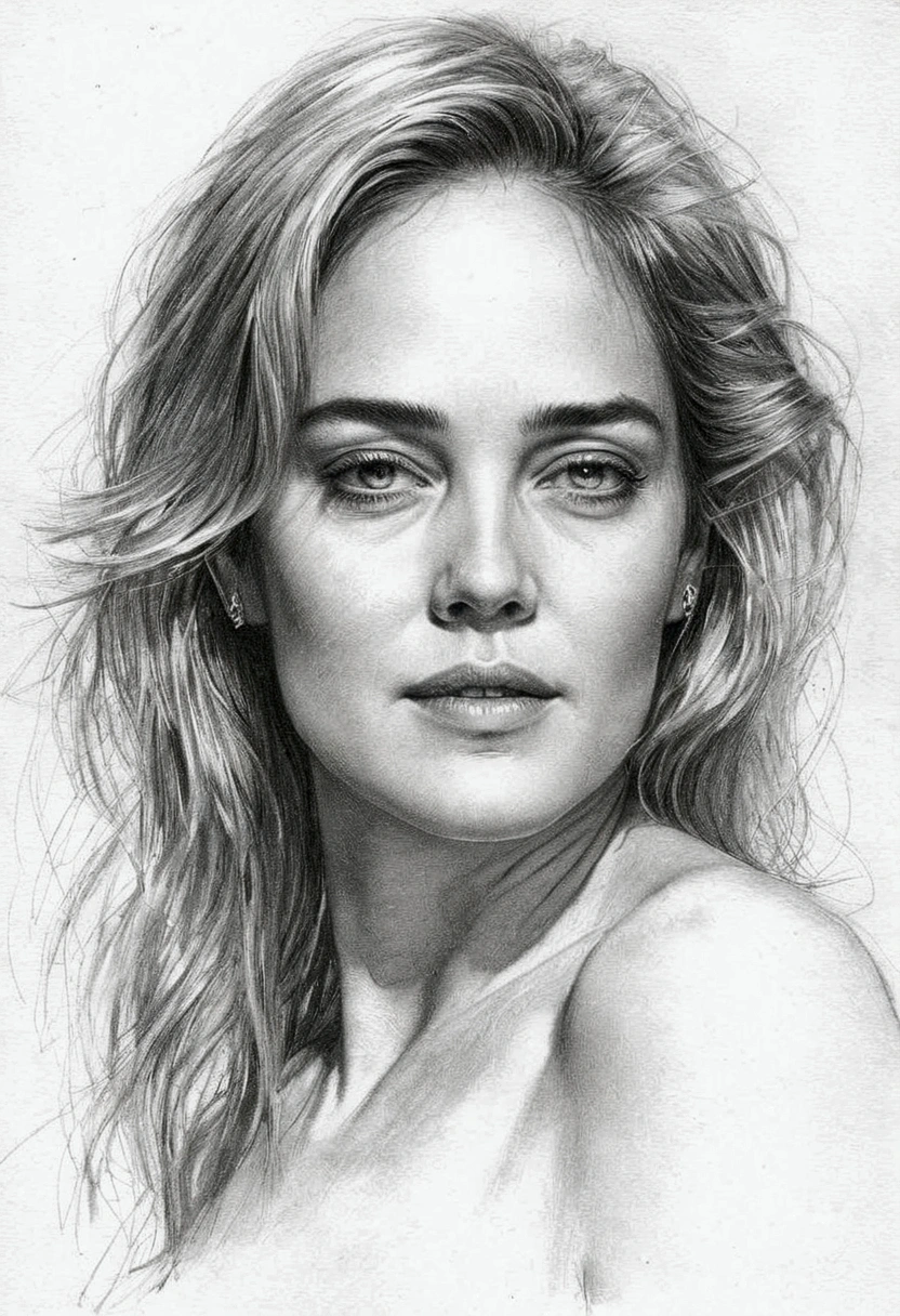 A delicate, graphite sketch portrays, a nude beautiful Sharon Stone,  small firm breasts, firm and round nipples, without back ground, her features rendered in subtle shading and precise lines. The framing is tight, focusing attention on the subject's serene face. Soft, feathery strokes convey the gentle texture of her hair, 