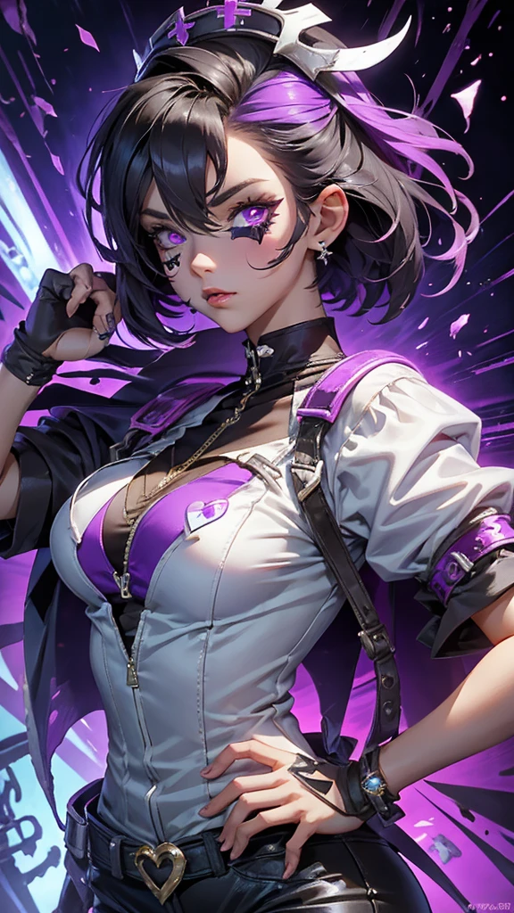 A beautiful girl wearing a white high-necked punk nurse outfit(20-year-old)She has an eyepatch with a heart mark on one eye, black hair, purple inner color, and short hair.