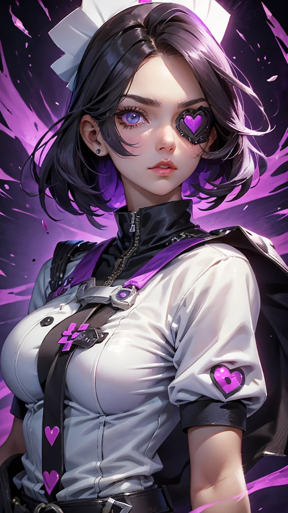 A beautiful girl wearing a white high-necked punk nurse outfit(20-year-old)She has an eyepatch with a heart mark on one eye, black hair, purple inner color, and short hair.