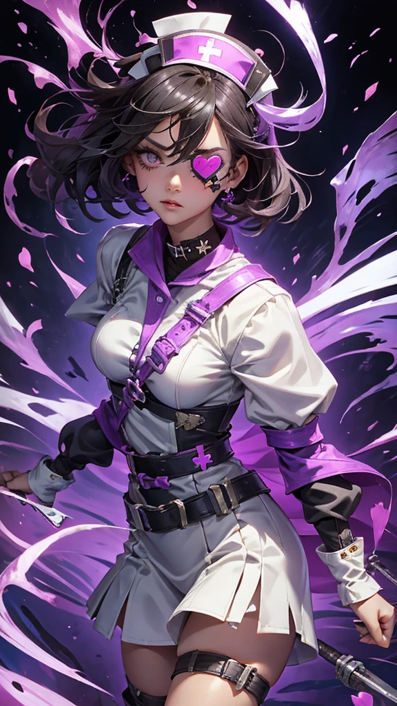 A beautiful girl wearing a white high-necked punk nurse outfit(20-year-old)She has an eyepatch with a heart mark on one eye, black hair, purple inner color, and short hair.