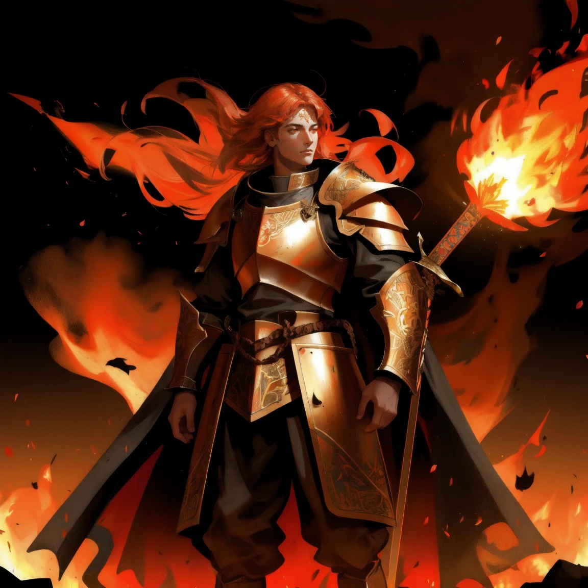 fiery medieval scene featuring a formidable armored knight standing guard over a glowing treasure chest. The knight is engulfed in intense flames while holding a sword and shield adorned with intricate designs. The background is filled with burning embers and scattered weapons, creating a powerful and epic atmosphere."