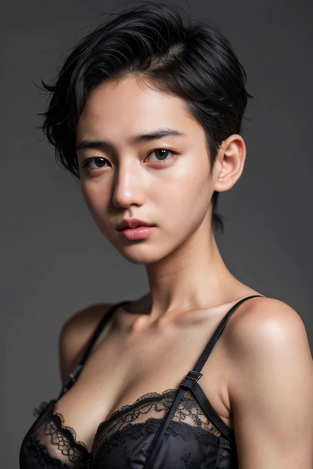 ((Femboy)), Shorthaircut Stylish, adorable, 1 femboy, (face to face), , ((baby face)), (cry sad face expression), half body portrait, (face details: 1), (eye details: 1), ((huge breasts)). wearing transparent transparency soft soft, .. Cute posed. proportional body. Ultra High Res. realistic: 1.4, UHD, (floral pattern), ((lingerie)) ((lace pattern))