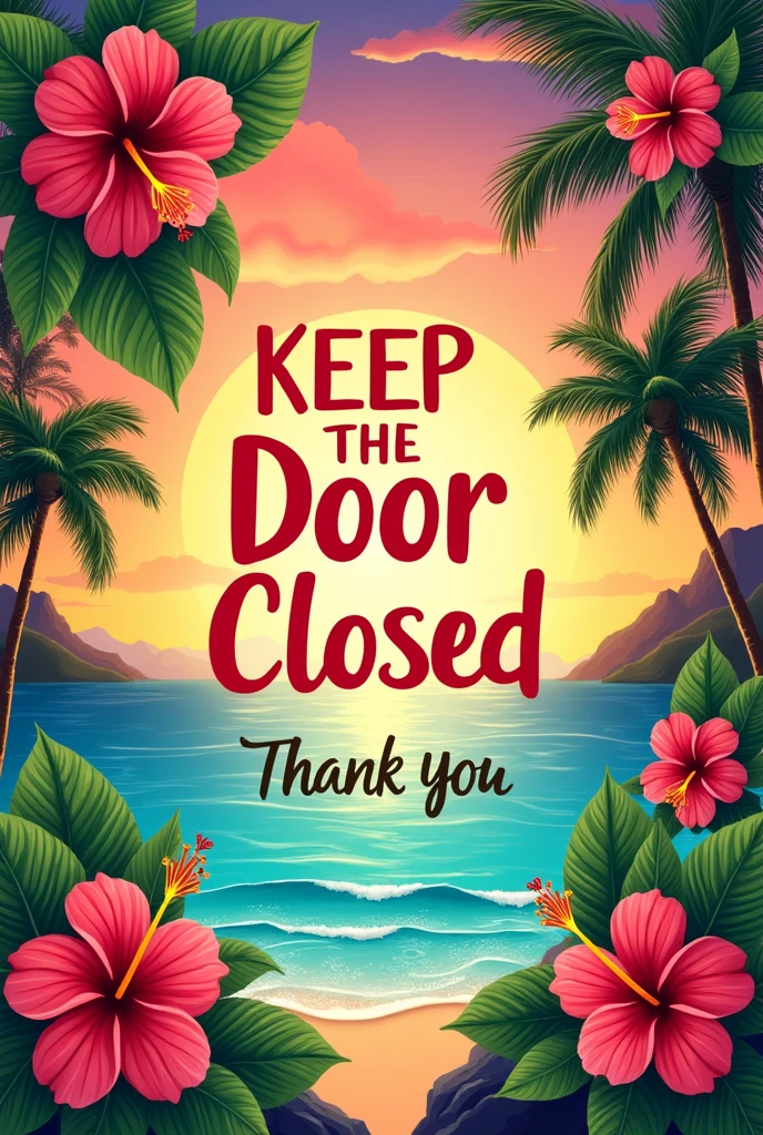 I want a poster set in Hawaiian style, and I want this written: "keep the door closed". I want it to be written below: "thank you". I want the text centered on the image. Make sure the text is spelled correctly, without spelling mistakes or errors of any kind