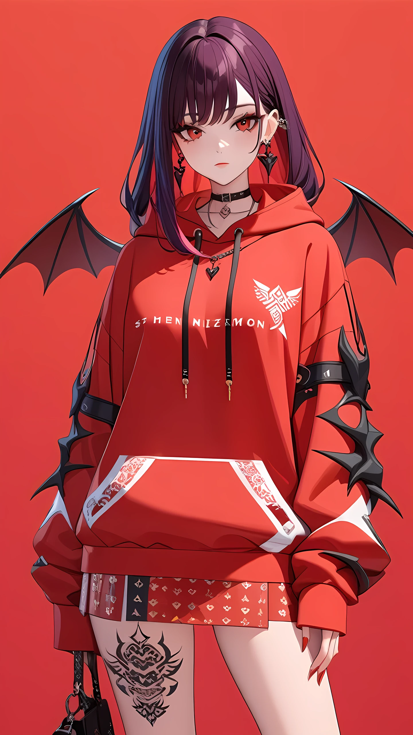 a 3D animated character,1girl, Her decked out in an big red themed ensemble,complete with a hoodie adorned, Her laid-back demeanor contrasts with the vibrant,demon accessories, ((on an red background)), array of tattoos, masterpiece,best quality,