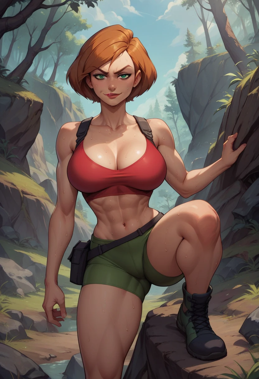 score_9, score_8_up, score_7_up, score_6_up, BREAK Ann possible, wearing climbing gear, big breasts, evil smirk, sweating, in a rocky forest area, looking at viewer, short hair, dark clouds