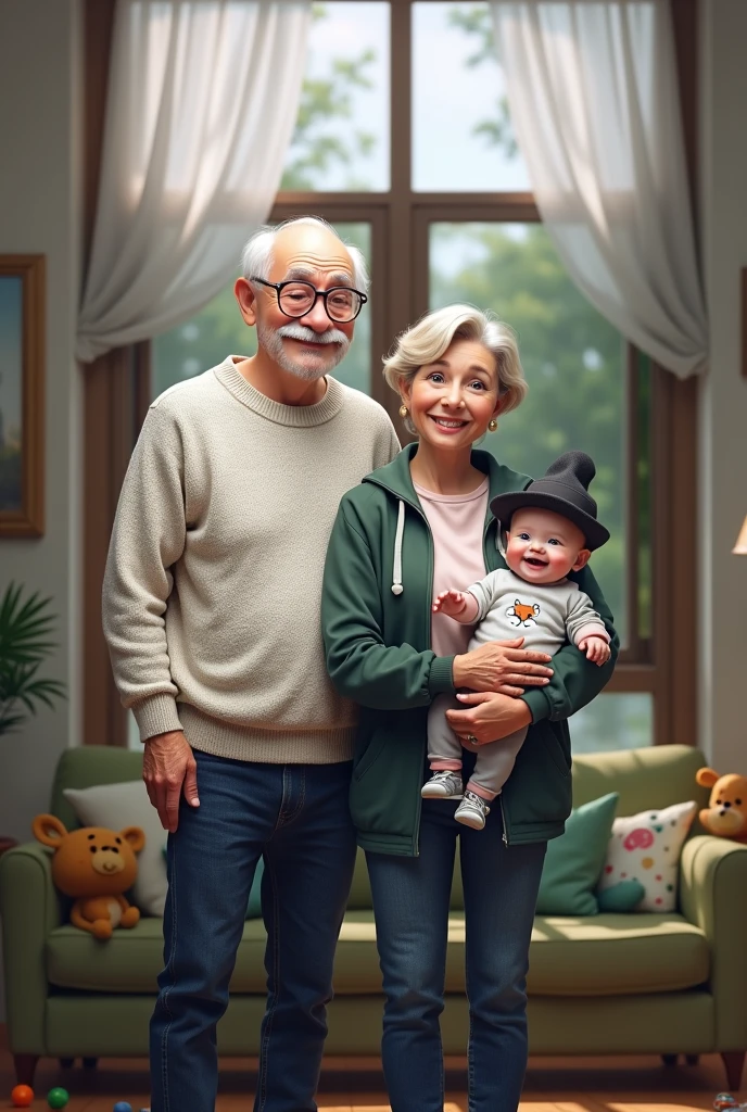 Grandparents holding a 7 . Grandpa is tall, he has very bald thin blond hair and is wearing light framed glasses. He is smiling slightly. He is wearing a light brown jumper with a white t-shirt underneath and he is wearing black jeans. Grandma old and she is much smaller than Grandpa. She is holding the baby on her arhe has short dark blond hair. She is wearing light framed glasses. She is wearing a dark green sports jacket and dark blue jeans. She has a very happy and expressive smile. The baby is 7 months oHe is weark hat and a long baby onesie with a fox design on the chest. The baby has dark blond hair and darue eyes and a beautiful smile. Character should be colorful and have a fun, friendly look, with exaggerated, expressive features. Pixar style