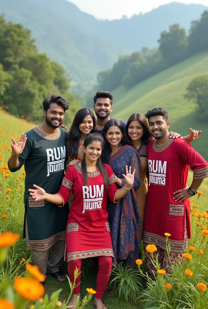 I need an image of a group of people dressed in traditional Uttarakhand attire, all wearing T-shirts with "rum jhuma" written on them. Because that is our upcoming song