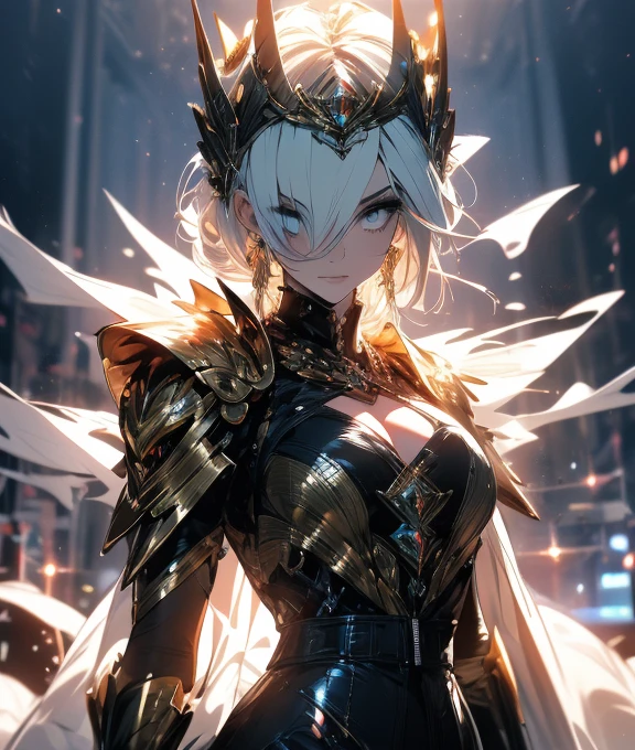 A woman adorned in fantasy-style full-body armor, a crown-concept fully enclosed helmet that unveils only her eyes, a composite layered chest plate, fully encompassing shoulder and hand guards, a lightweight waist armor, form-fitting shin guards, the overall design is heavy-duty yet flexible, (the armor gleams with a golden glow, complemented by red and blue accents), exhibiting a noble aura, she floats above a fantasy-surreal high-tech city, this character embodies a finely crafted fantasy-surreal style armored hero in anime style, exquisite and mature manga art style, (mixture of Queen bee and Spider concept Armor, plasma), ((Element, elegant, goddess, femminine:1.5)), metallic, high definition, best quality, highres, ultra-detailed, ultra-fine painting, extremely delicate, professional, anatomically correct, symmetrical face, extremely detailed eyes and face, high quality eyes, creativity, RAW photo, UHD, 32k, Natural light, cinematic lighting, masterpiece-anatomy-perfect, masterpiece:1.5