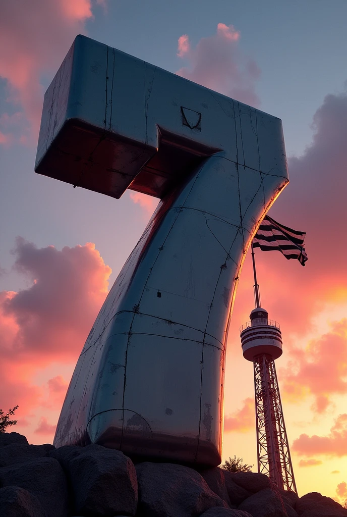 A huge 7 is written in 3D and a black and white striped flag is flying on the tower behind.