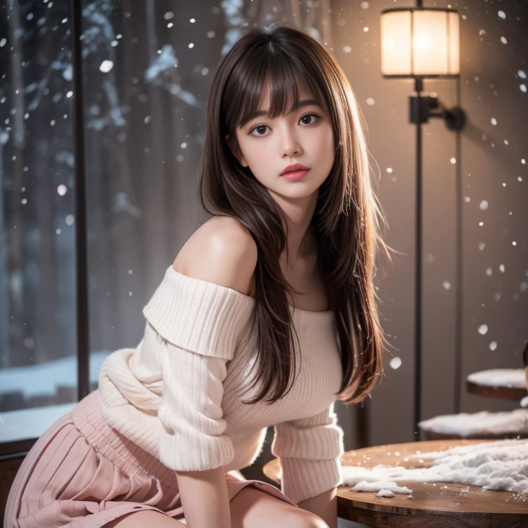 long skirt,skirt,pink skirt, (knee shot), 1 woman, On the face, light brown hair, blunt bangs, hair behind ears, Hair over the shoulders, long hair, Slender body type, Super thin face, face slimming, delicate lips, beautiful eyes, Thin blush, Eyes are light brown,Check it out here, (realistic:1.3), There is a coniferous forest with heavy snow., It's snowing .One person's perspective, 8k, On the table, , Super detailed, high quality, best quality, High resolution, ,Large Breasts,H CUP, off -shoulder top