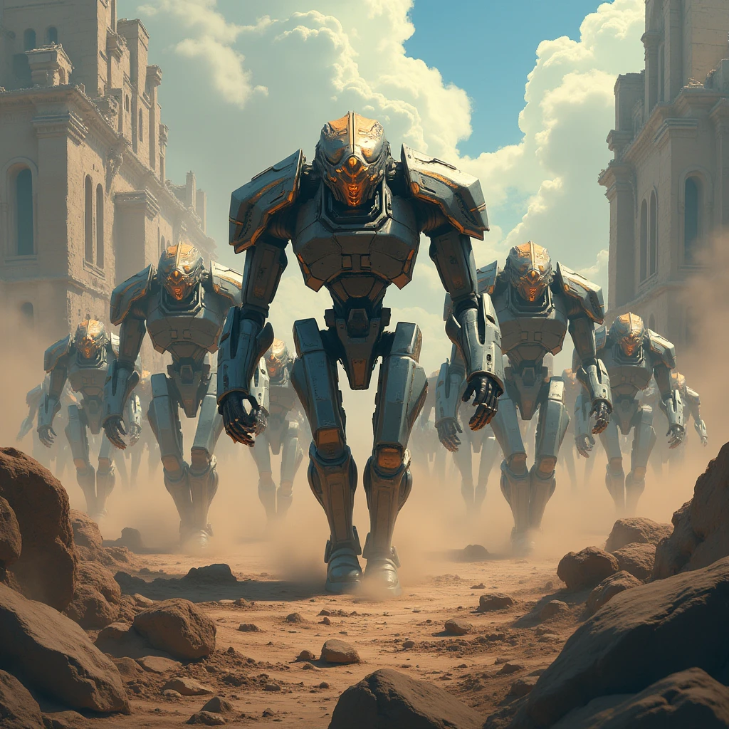 ((Best quality, 8k, Masterpiece: 1.3)), (Sharp focus: 1.2), a horde of necrons, metallic machines,anime artstyle 