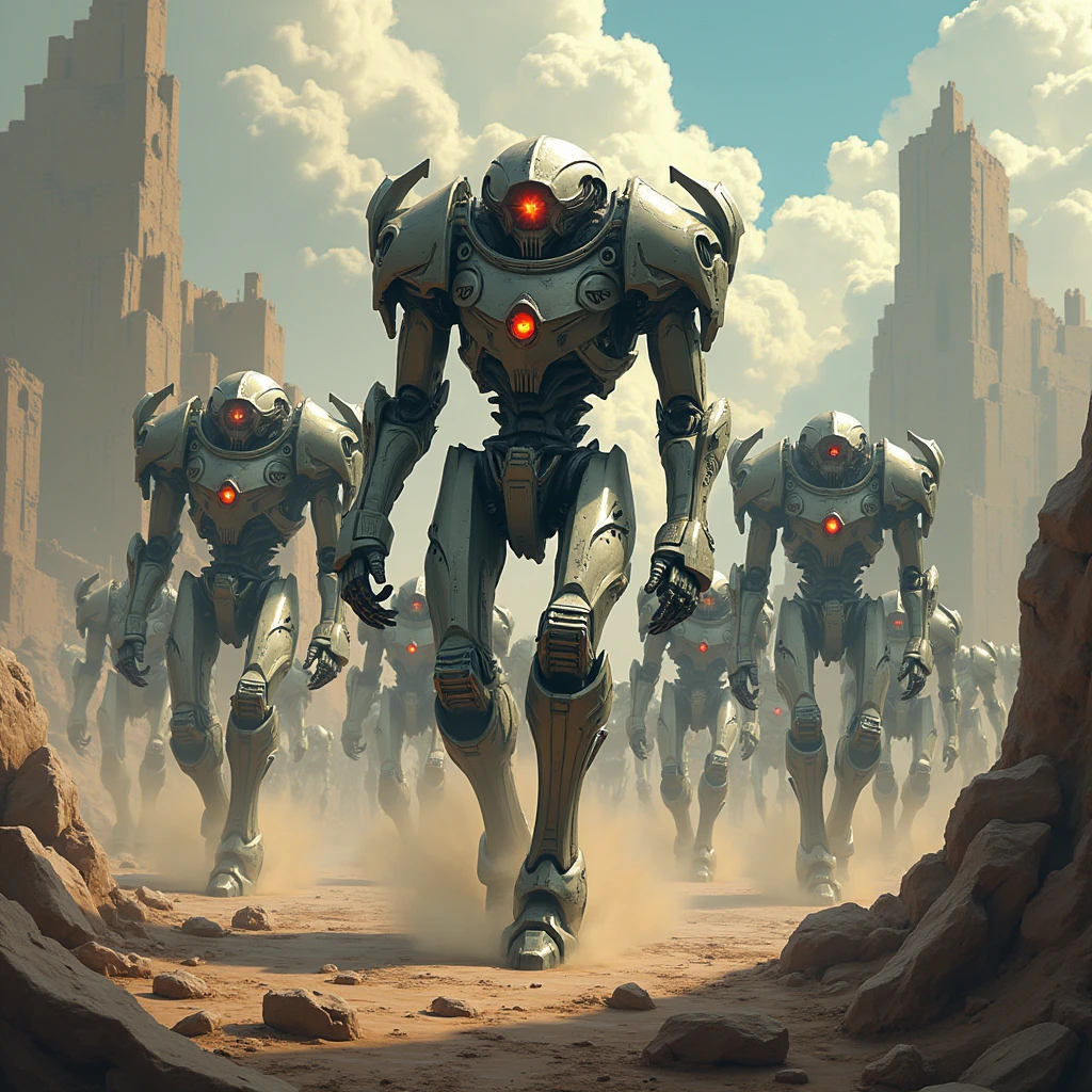 ((Best quality, 8k, Masterpiece: 1.3)), (Sharp focus: 1.2), a horde of necrons, metallic machines,anime artstyle