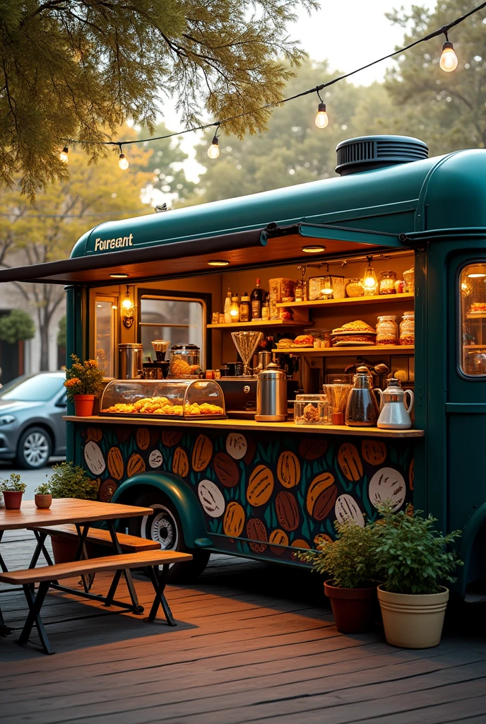 A coffee shop food truck with all the necessary equipment for coffee, both inside and outside, as would be the coffee food truck 