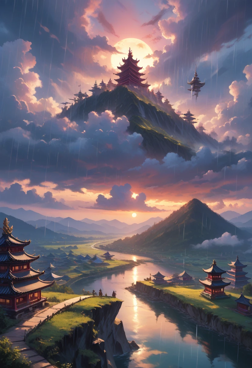 score_9, score_8_up,score_7_up, masterpiece, best quality, perfect anatomy, very aesthetic, official art, 8k, sfw, 1 girl, A small smirk, sexy, just concentrate, throw, very wide shot, landscape, East Asian architecture, Sun Ray, sunrise, floating, cloud, sky, rain, water, whole body, on open air, landscape, depth of field, masterpiece, bright colors, Clear drawing of details, play of shadows and light, wallpaper, Divine Creation,