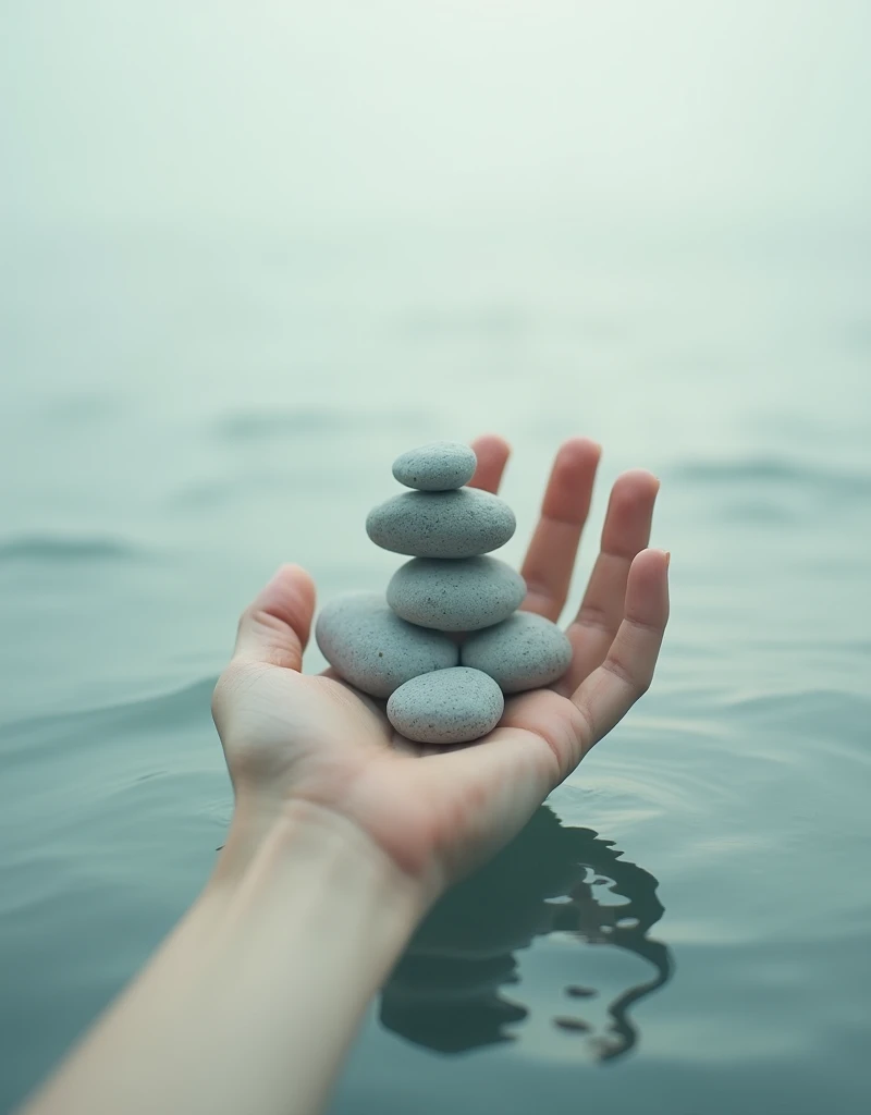a hand reaching into the air with a handful of rocks above it, in the style of calming color palettes, oversized objects, serene faces, piles/stacks, gentle lyricism, photo montage, light gray and teal