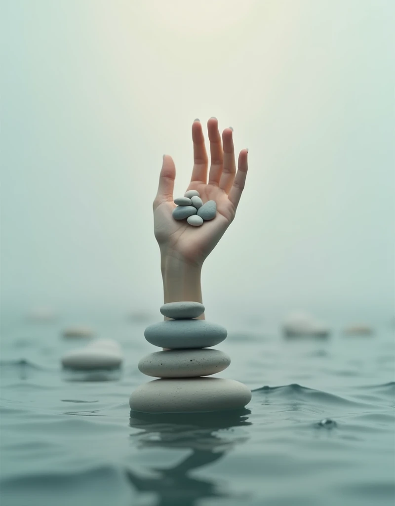 a hand reaching into the air with a handful of rocks above it, in the style of calming color palettes, oversized objects, serene faces, piles/stacks, gentle lyricism, photo montage, light gray and teal