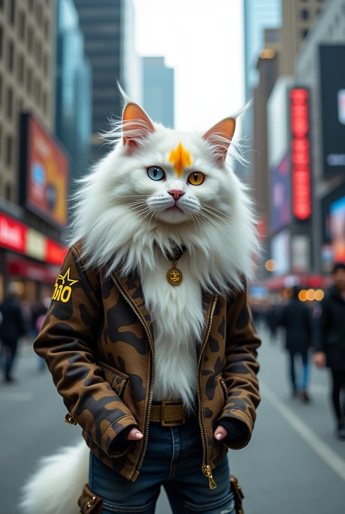 Generates a hyperrealistic image of a white Manie Coon cat which has 2 yellow spots on its forehead and has one light blue eye and the other yellow eye., He also has branded rock style clothing "Joic" because he is being photographed as a model, so it simulates a model pose. The place is New York street