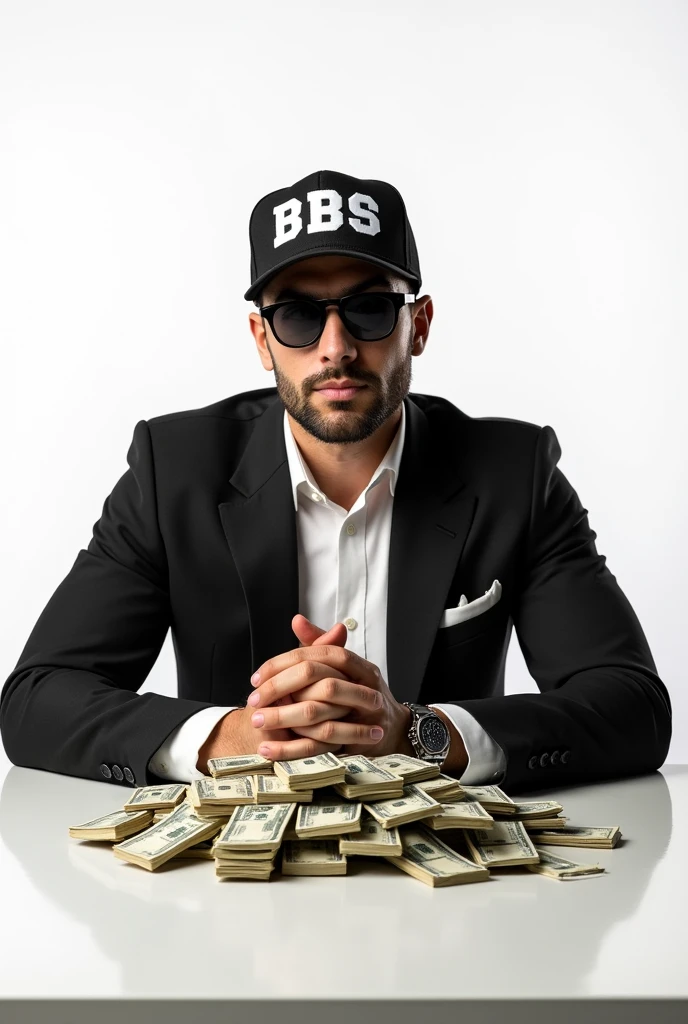 Man sitting at table, wearing a slim sports suit with sunglasses looking forward with fingers intertwined,age between 30 and 35 years,wearing a cap with BBS written on it,on the table a mountain of money, plenty of money,image with completely white background, wearing a cap that says BBS 