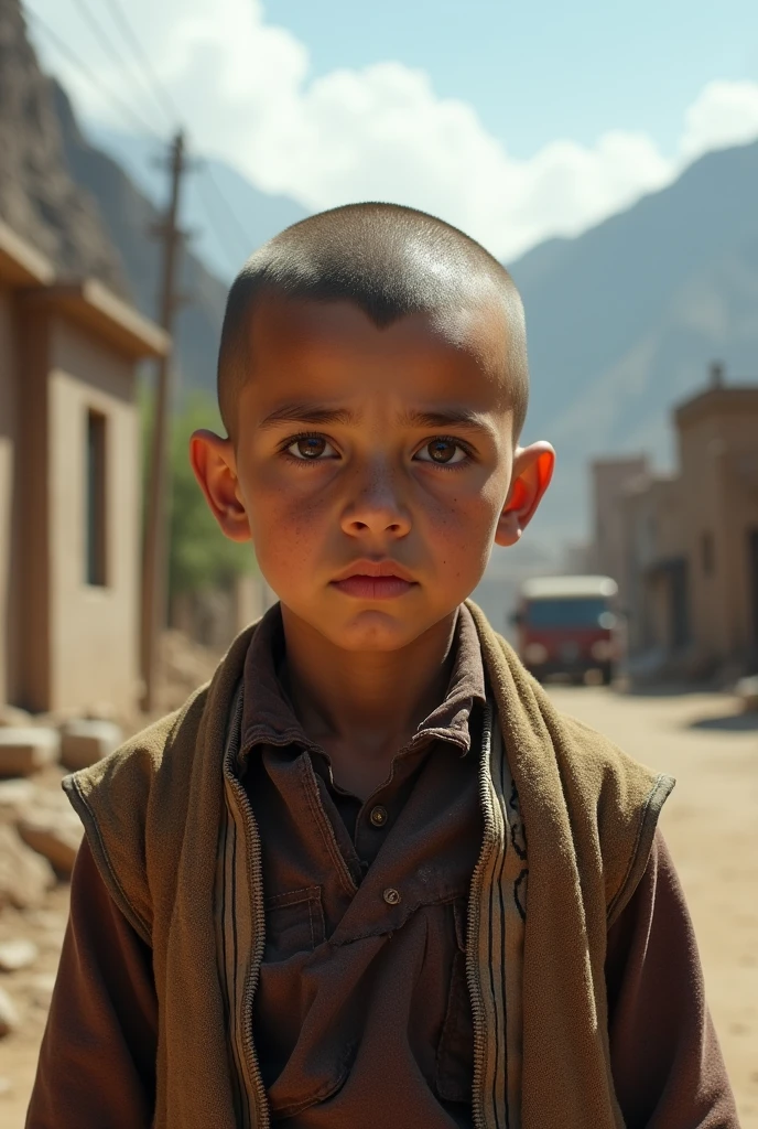 (photorealism:1.2), cậu bé người hazara (afghanistan), 10 tuổi, dirty skin, Asian eyes, monolid eyes và màu nâu sáng, shaved head, vẻ mặt ảm đạm, mặc trang phục truyền thống của afghanistan,