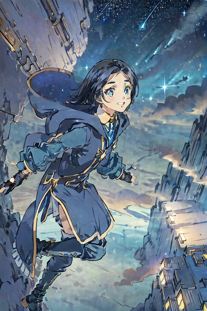 Empty City, A town above the clouds, Sky City,Black Eye,Blue haired, wearing a duffle coat, Falling from the sky、In the desert、Stars shine in the night sky、beautiful girl、Show your side
